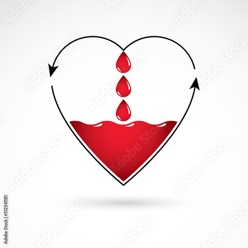 Vector red heart with blood circulation inscription with direction arrows. Blood transfusion metaphor, medical care emblem for use in pharmacy.