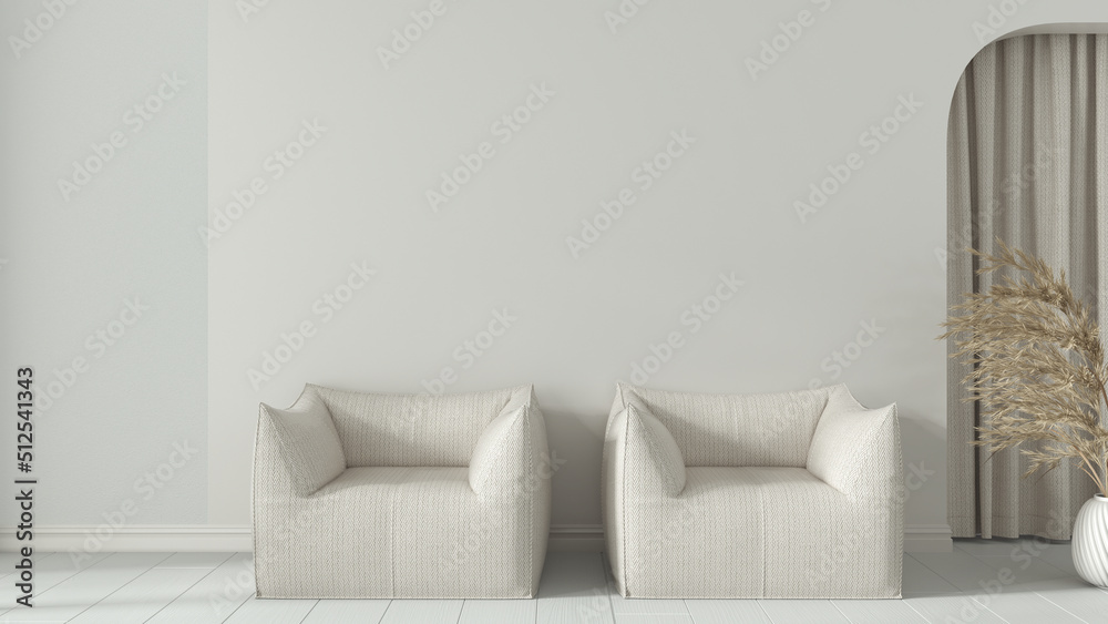 Interior design background in white and beige tones. Living room with armchairs close up, plaster wall and wooden floor. Arched niche with curtains and decors Interior design background in white and beige tones. Living room with armchairs close up, plaster wall and wooden floor. Arched niche with curtains and decors