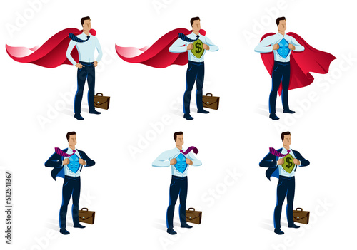 Businessman superhero vector illustrations set, young handsome business man standing brave and strong, leadership concept, success allegory, problems solving.