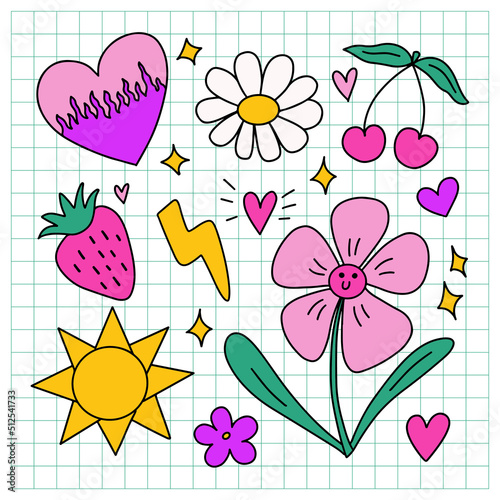 y2k doodle clip art elements set. Outlined bright colorful design elements - smiling daisy flower, hearts, strawberry, stars. Cute retro 90s 2000s colorful vector clip collection