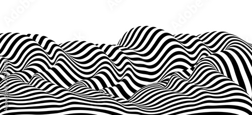 Abstract vector 3D lines background, black and white curves linear perspective dimensional terrain optical pattern.