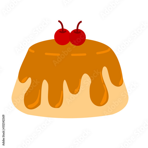 Cream caramel pudding with cherry.Custard cake.Sweet dessert.Food concept.Menu for restaurant or cafe.Sign, symbol, icon or logo isolated.Cartoon vector illustration.Flat design.