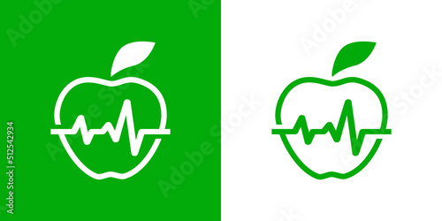 Logo comida saludable. Vector con silueta de manzana con latido de corazón con líneas. Fondo verde y fondo blanco