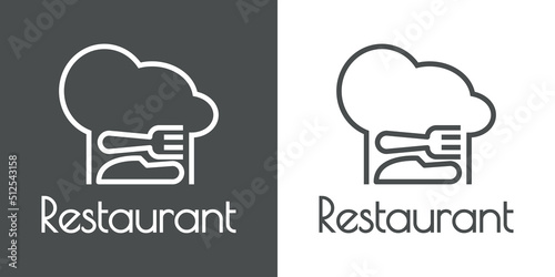 Banner con texto manuscrito Restaurant. Logo restaurante. Vector con cubiertos y sombrero de chef con líneas. Fondo gris y fondo blanco