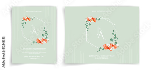 Floral wedding card or invitation card on green background elegant and luxury style. Feel fresh with natural theme. photo