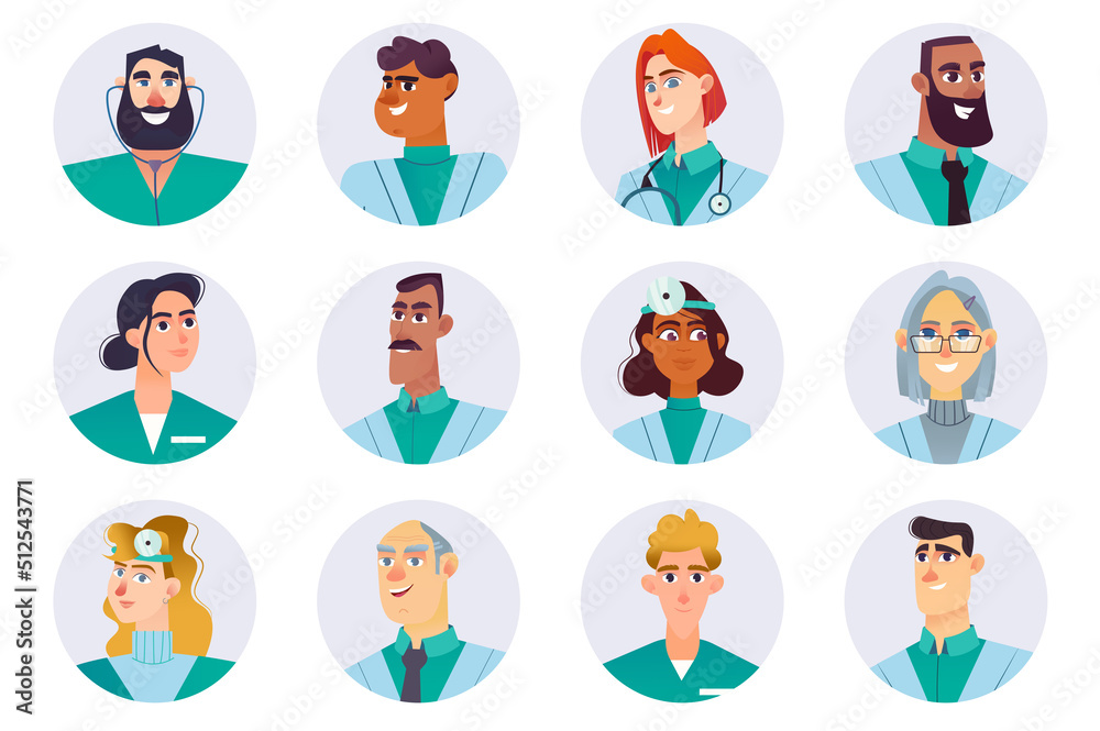 Medical staff characters avatars isolated set. Doctors, nurses, surgeons, paramedics, pharmacists and other practitioners in hospital or clinic. Vector illustration with people in flat cartoon design