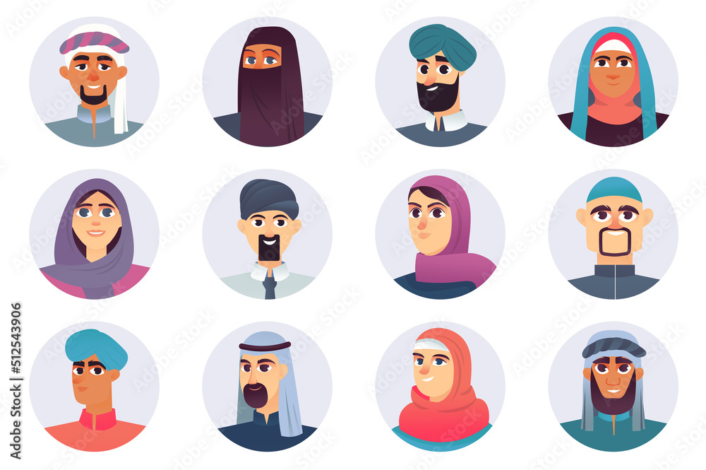 Muslim characters avatars isolated set. Different portraits of arabic men and women in traditional clothes, hijabs and covered with headscarves. Vector illustration with people in flat cartoon design Muslim characters avatars isolated set. Different portraits of arabic men and women in traditional clothes, hijabs and covered with headscarves. Vector illustration with people in flat cartoon design