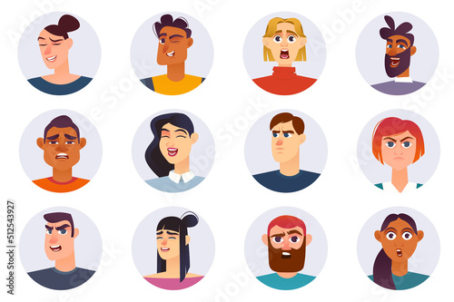 Characters with different emotions avatars isolated set. Portraits of men and women with smile, happy, surprised, sad, angry, afraid expressions. Vector illustration with people in flat cartoon design