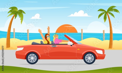 Two girls, friends driving red cabriolet along the beach with palm trees and beach. Road trip summer concept. Flat vector illustration with background