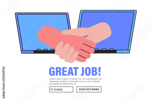 Character congratulates colleague online on laptop screen. People celebrate career development, successful project or deal. Man and woman employee shaking hands. Business partnership concept.