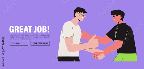 Character congratulates colleague vector flat illustration. People celebrate career development, successful project or deal, promotion. Male employees shaking hands. Business partnership concept.