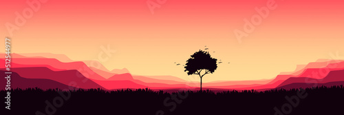 summer sunset tree silhouette in landscape with vector flat design illustration good for wallpaper, background, backdrop, banner, print, and design template