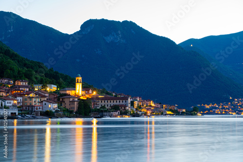 The village of Lezzeno and the panorama of Lake Como, photographed in the evening. 