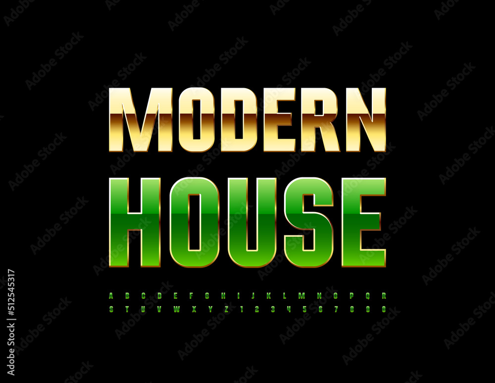 Vector bright Logo Modern House. Chic Green Font. Artistic Alphabet Letters and Numbers Vector bright Logo Modern House. Chic Green Font. Artistic Alphabet Letters and Numbers