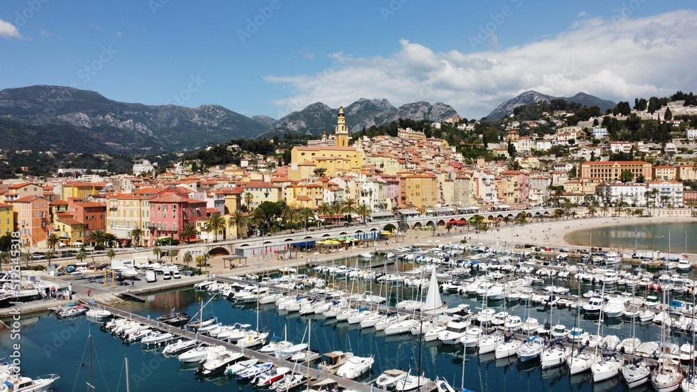 Beautiful aerial view of the harbour Menton at France in summer