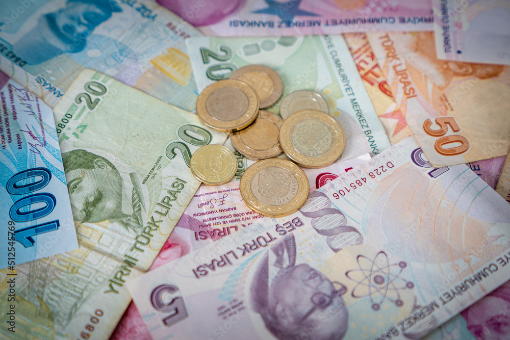 Obraz premium Various Turkish Lira Banknotes And Coins. Turkish Money