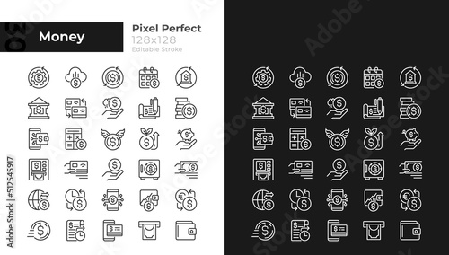 Money pixel perfect linear icons set for dark, light mode. Savings and investment. Thin line symbols for night, day theme. Isolated illustrations. Editable stroke. Montserrat Bold, Light fonts used