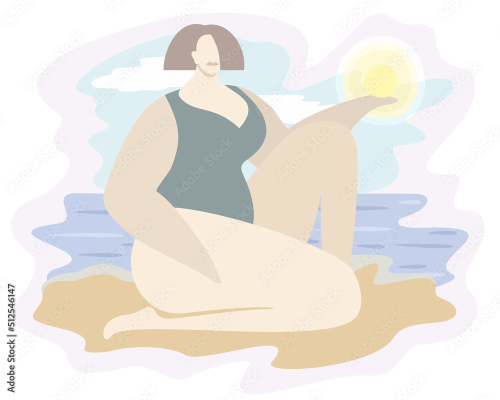 Vector isolated illustration of woman sitting on the sand near the sea and holding sun on her hand.