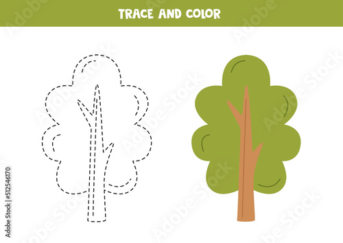 Trace and color cartoon tree. Worksheet for children.