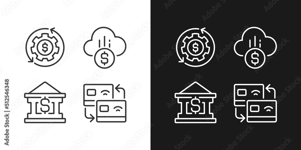 Financial services pixel perfect linear icons set for dark, light mode. Money management. Card transfer. Cloud payment. Thin line symbols for night, day theme. Isolated illustrations. Editable stroke