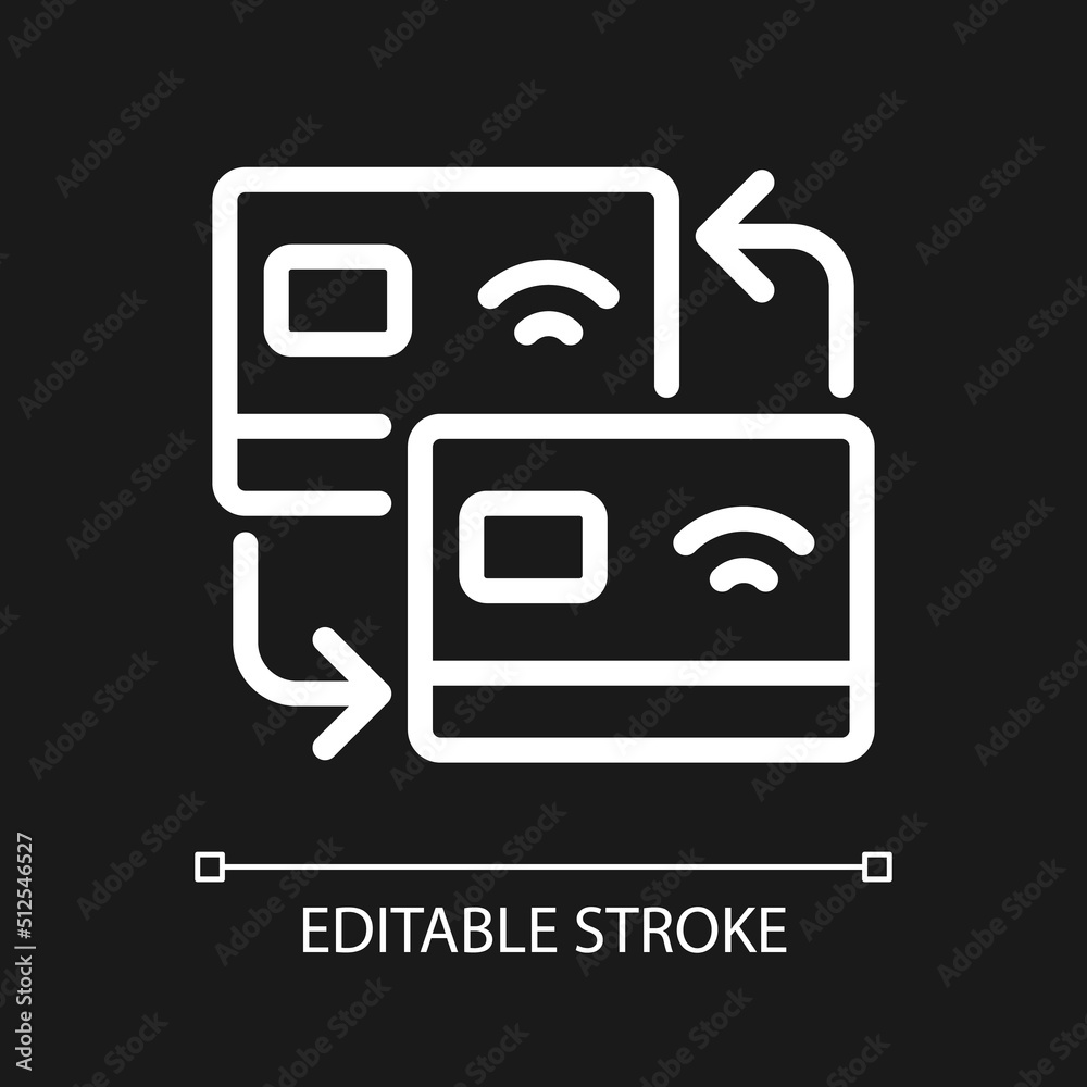 Card transfer pixel perfect white linear icon for dark theme. Cash transaction. Send funds from bank account. Thin line illustration. Isolated symbol for night mode. Editable stroke. Arial font used Card transfer pixel perfect white linear icon for dark theme. Cash transaction. Send funds from bank account. Thin line illustration. Isolated symbol for night mode. Editable stroke. Arial font used