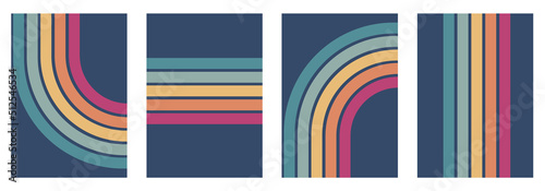 Abstract rainbow colours retro groovy lines bold 4 backgrounds bundle set collection. pink orange yellow blue stripes. © Revolutionizzed