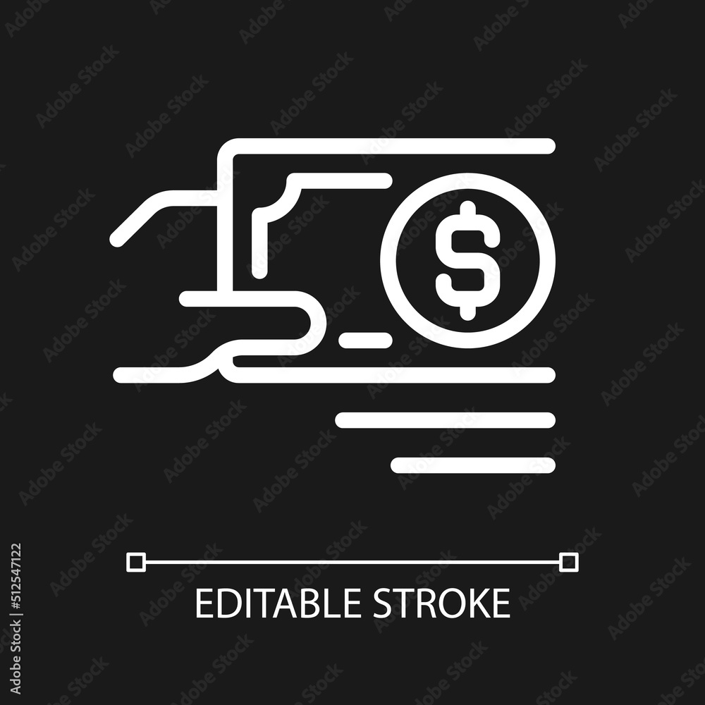 Payment in cash pixel perfect white linear icon for dark theme. Paper money currency. Purchasing and selling. Thin line illustration. Isolated symbol for night mode. Editable stroke. Arial font used Payment in cash pixel perfect white linear icon for dark theme. Paper money currency. Purchasing and selling. Thin line illustration. Isolated symbol for night mode. Editable stroke. Arial font used