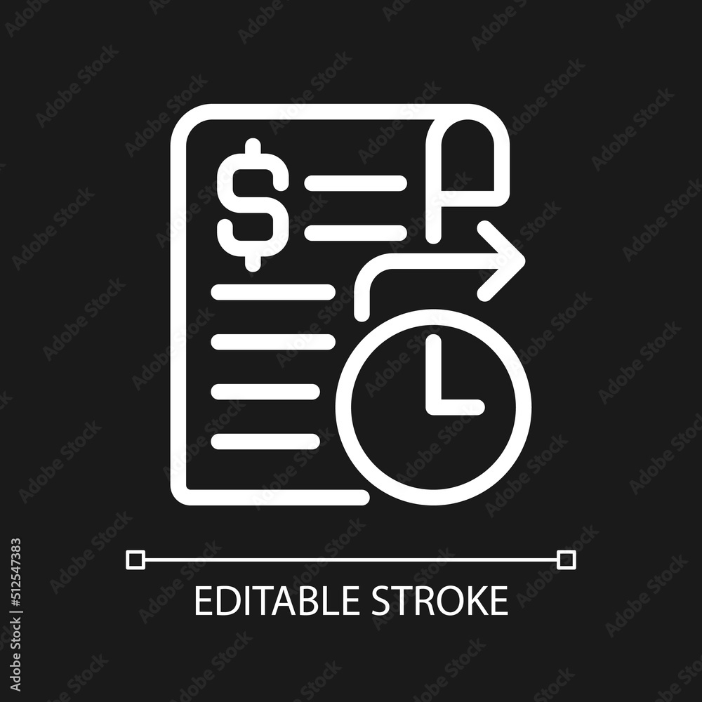 Standing order pixel perfect white linear icon for dark theme. Regular automatic payment. Bank account. Thin line illustration. Isolated symbol for night mode. Editable stroke. Arial font used Standing order pixel perfect white linear icon for dark theme. Regular automatic payment. Bank account. Thin line illustration. Isolated symbol for night mode. Editable stroke. Arial font used