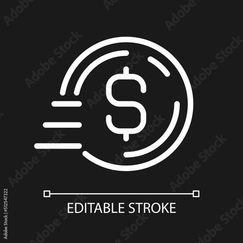 Coin in motion pixel perfect white linear icon for dark theme. Bank transfer payment. Digital wallet. Thin line illustration. Isolated symbol for night mode. Editable stroke. Arial font used