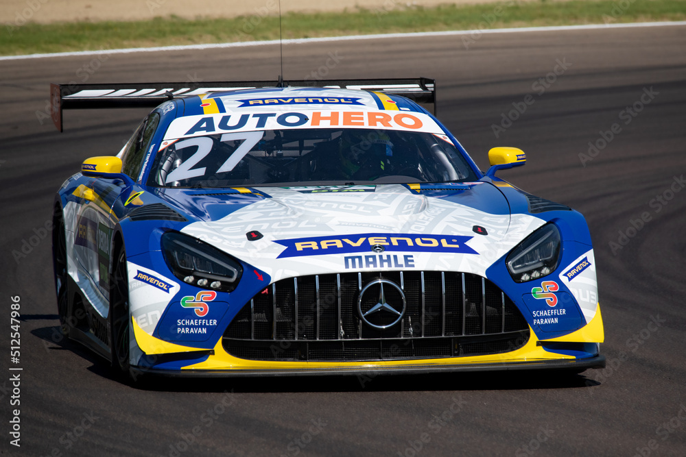 Mercedes AMG GT3 racing super car action fast drive on asphalt race ...