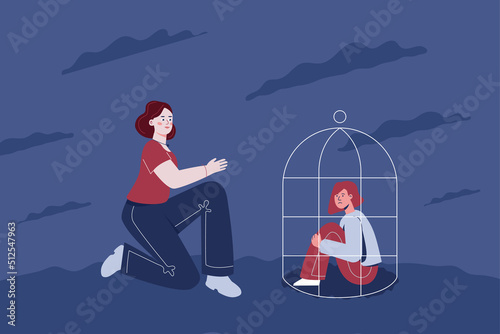 A sad teenage girl is sitting in a cage, next to her a woman holds out her hand. The concept of psychological assistance to adolescents with depression, grief, anxiety.