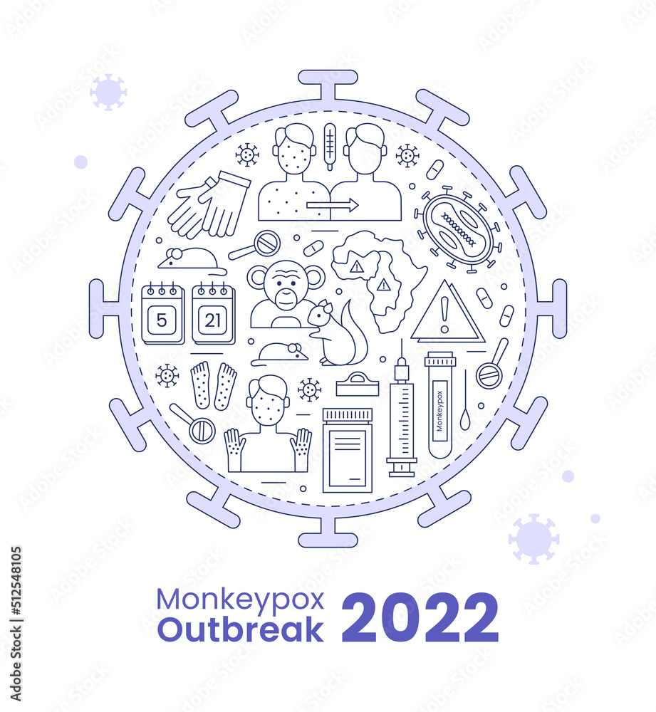 Monkeypox outbreak banner concept. Icons describing monkeypox, inscribed in a circle shape. Line illustration isolated on a white background. Monkeypox outbreak banner concept. Icons describing monkeypox, inscribed in a circle shape. Line illustration isolated on a white background.