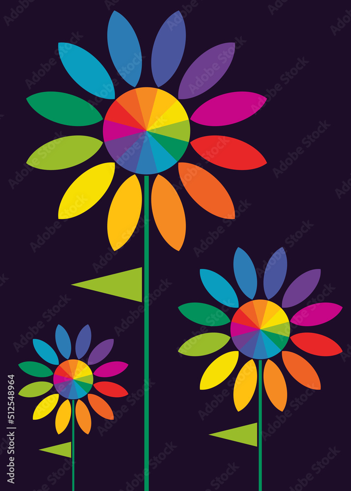 Poster with three flower color wheels. Creative placard design in abstract style.