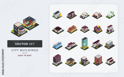 Isometric 3d city buildings set vector isometric fully editable eps 10