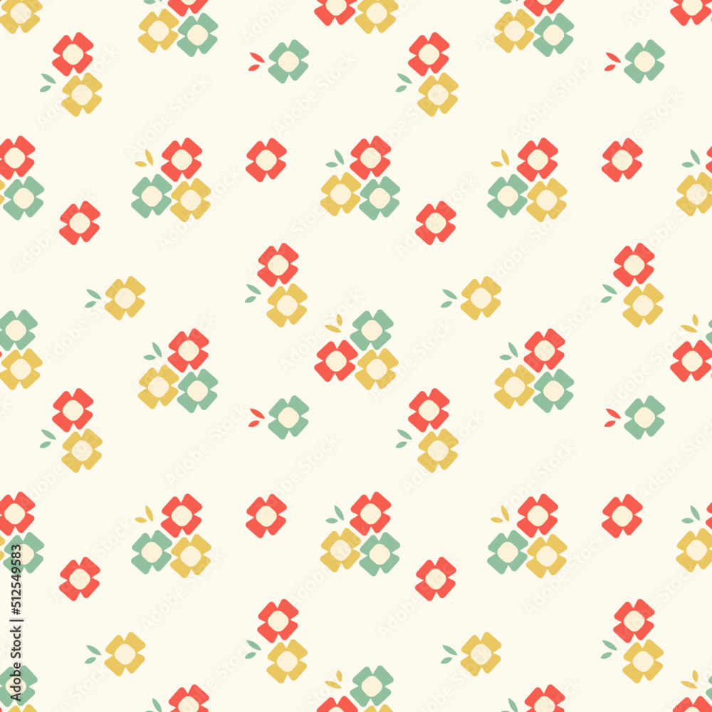 Seamless vector flower pattern. Retro floral pattern for fabric or clothing print. Green, red or yellow flowers. 