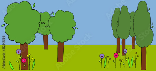 фотографія field, trees and flowers