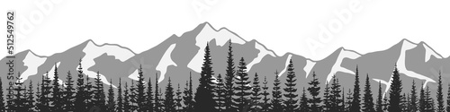 Black and white landscape, spruce forest against the background of snow-capped mountains