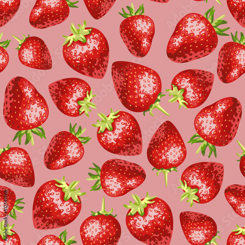 A pattern of juicy strawberries on a pink background