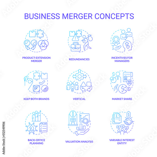 Business merger and consolidation blue gradient concept icons set. Companies integration idea thin line color illustrations. Isolated symbols. Roboto-Medium, Myriad Pro-Bold fonts used