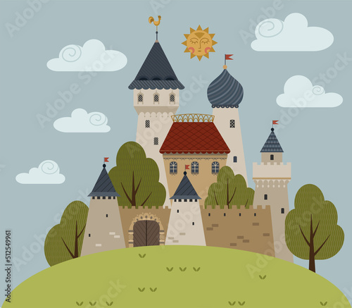 Composition of a medieval castle. Vector illustration.