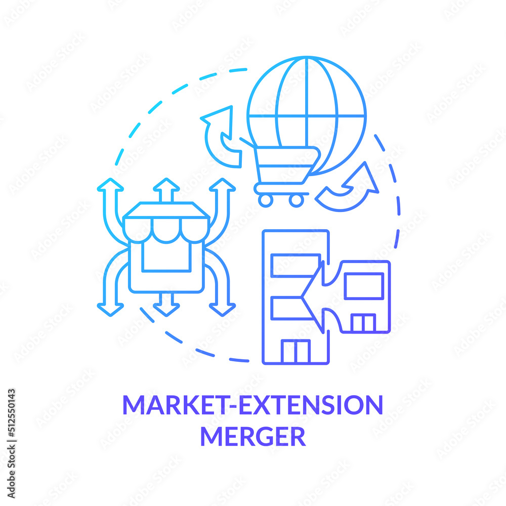 Market extension merger blue gradient concept icon. Same products, different markets. Merger type abstract idea thin line illustration. Isolated outline drawing. Myriad Pro-Bold fonts used