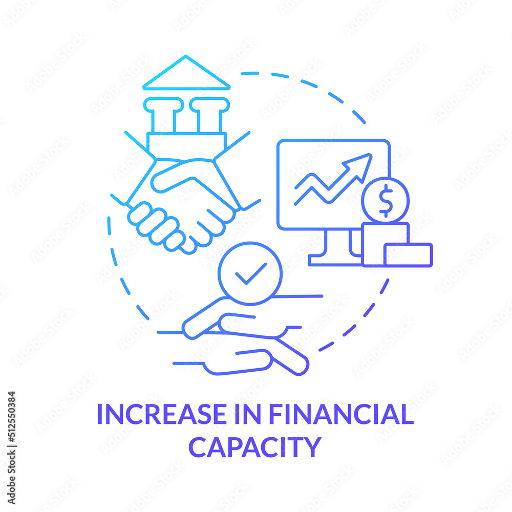 Increase in financial capacity blue gradient concept icon. Finance and money. Motive for merger abstract idea thin line illustration. Isolated outline drawing. Myriad Pro-Bold fonts used
