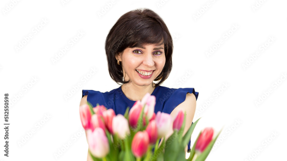 Happy woman received a bouquet of tulips gift, isolated white background. Happy woman received a bouquet of tulips gift, isolated white background.