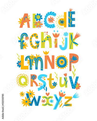 Print. Funny english alphabet. Bright floral lettering. Typographic poster for kids education. Preschool education. cute bright poster for kids   © olga