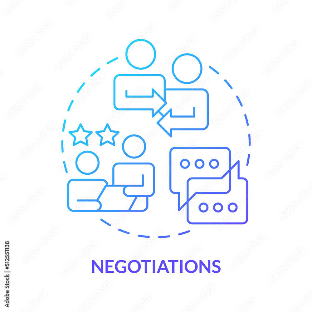 Negotiations blue gradient concept icon. Business discussion. Compromise. Stage of merger abstract idea thin line illustration. Isolated outline drawing. Myriad Pro-Bold fonts used Negotiations blue gradient concept icon. Business discussion. Compromise. Stage of merger abstract idea thin line illustration. Isolated outline drawing. Myriad Pro-Bold fonts used