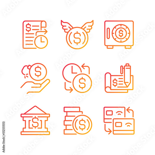 Financial activities pixel perfect gradient linear vector icons set. Bank payments. Cheque book. Wasting money. Thin line contour symbol designs bundle. Isolated outline illustrations collection