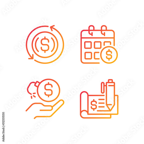 Transactions and payments pixel perfect gradient linear vector icons set. Monthly income. Financial risk. Chequebook. Thin line contour symbol designs bundle. Isolated outline illustrations collection