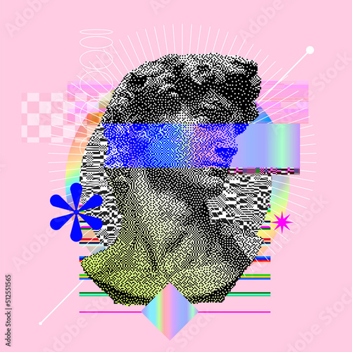 Michelangelo's David bust. Vaporwave style poster concept. Aesthetic contemporary art collage. Vector illustration