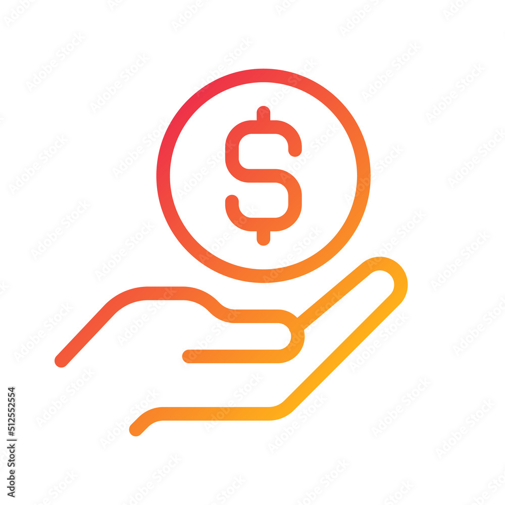 Coin in hand pixel perfect gradient linear vector icon. Giving money. Financial contribution. Lending cash. Thin line color symbol. Modern style pictogram. Vector isolated outline drawing Coin in hand pixel perfect gradient linear vector icon. Giving money. Financial contribution. Lending cash. Thin line color symbol. Modern style pictogram. Vector isolated outline drawing