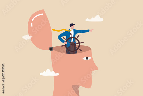 Fényképezés Self control or leadership thinking for business decision or guidance to the right direction, motivation, mindset or consciousness concept, businessman leader control steering wheel helm on his head